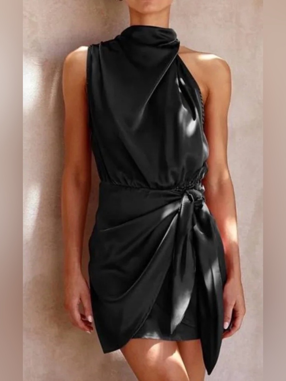 Mock Neck Asymmetrical Black Satin Draped Mini Dress Size Large